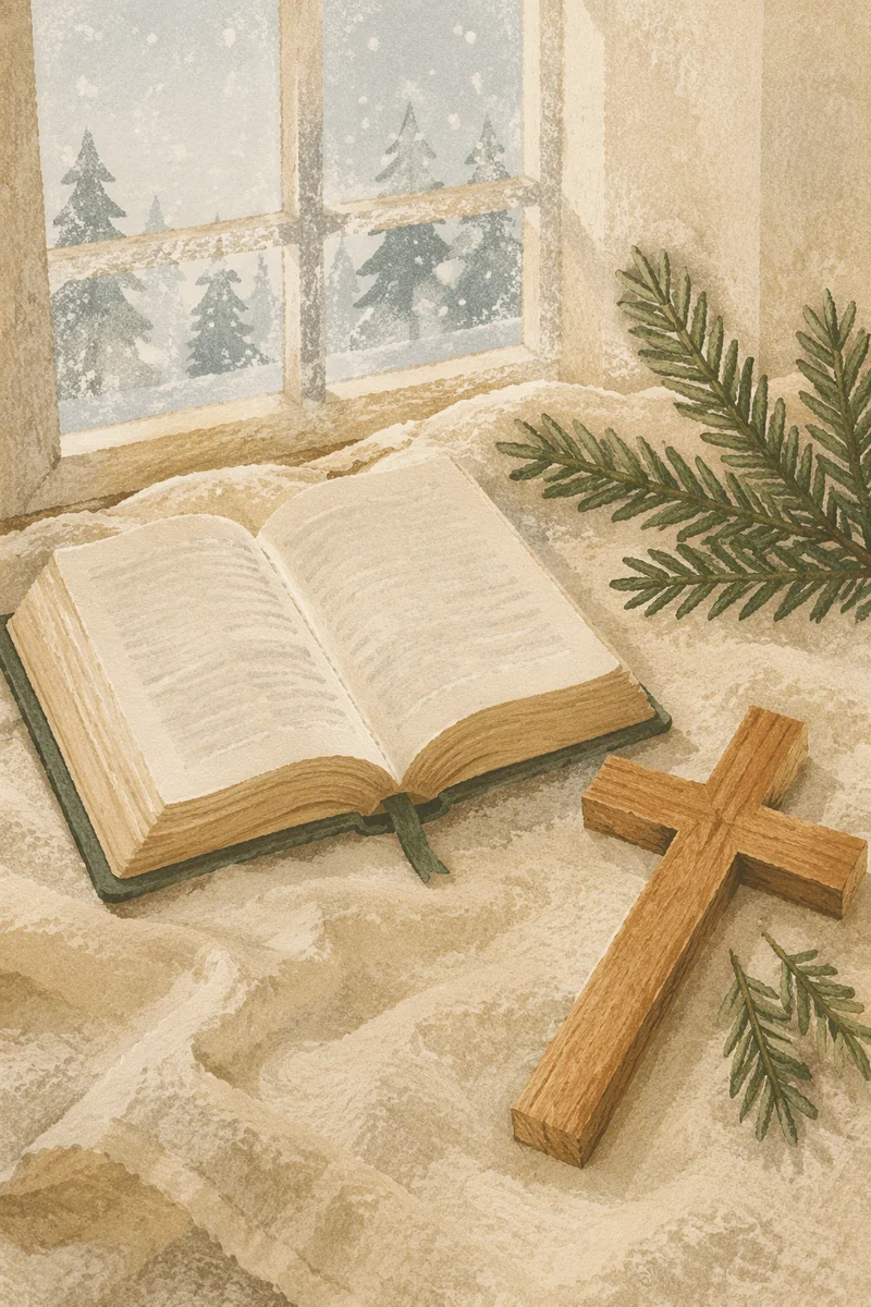 Open Bible and Wooden Cross on Linen