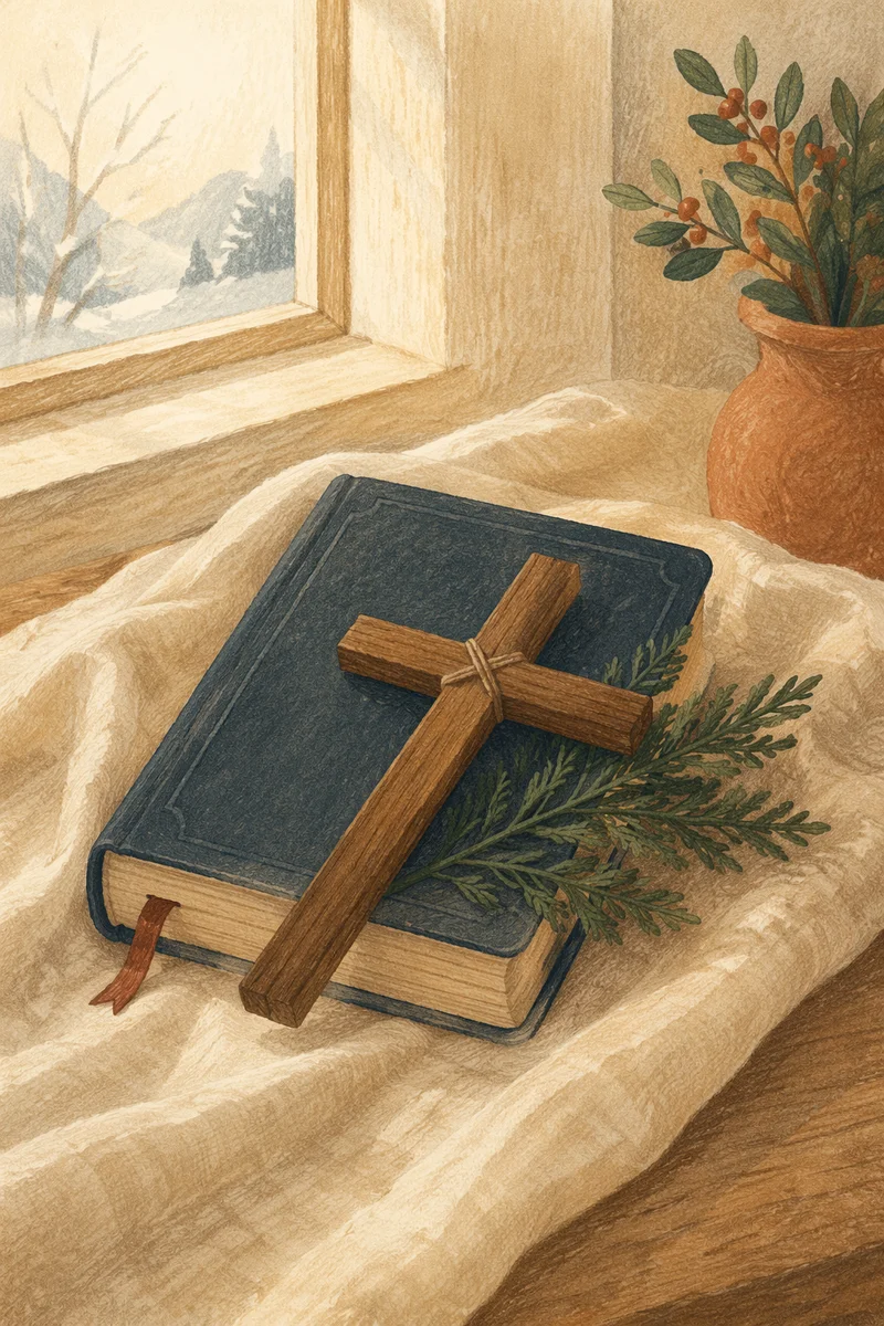 Bible and Wooden Cross on Linen