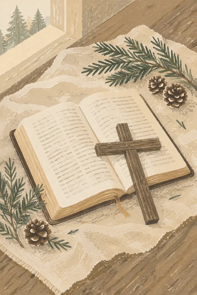 Bible and Wooden Cross on Linen