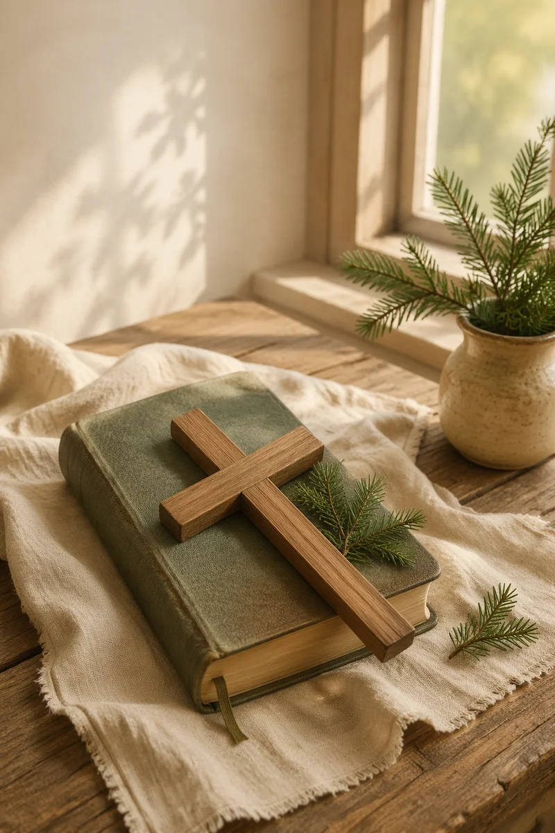 Bible and Wooden Cross on Linen