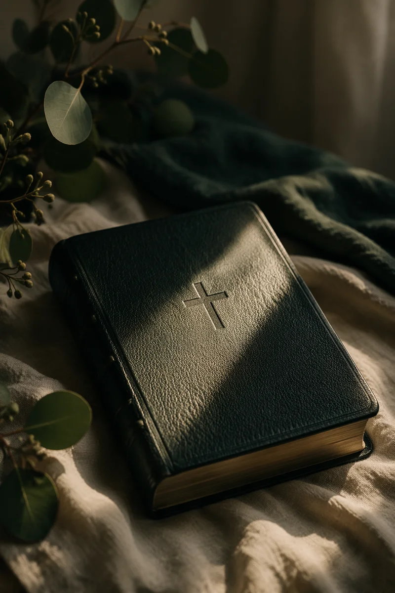 Bible with Cross on Linen Cloth