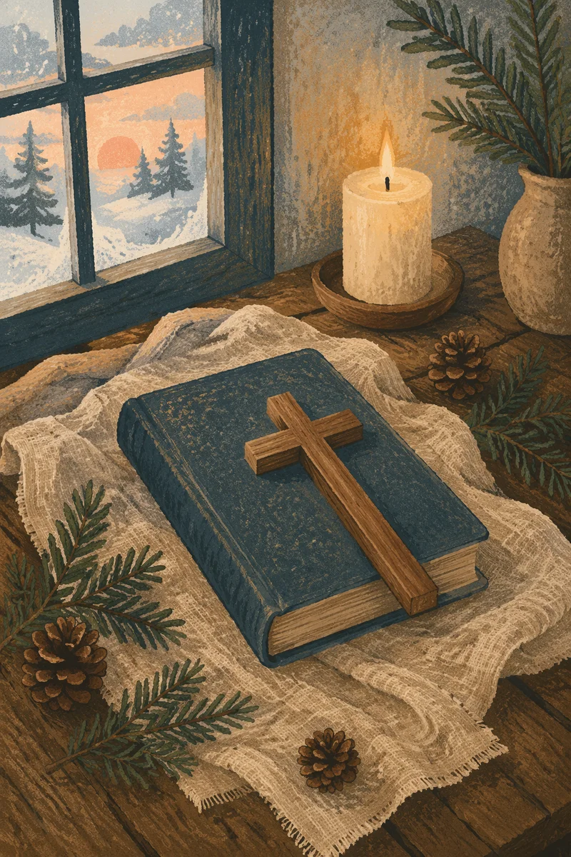 Bible and Wooden Cross on Winter Linen
