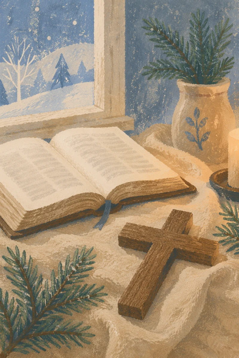 Open Bible and Wooden Cross on Linen