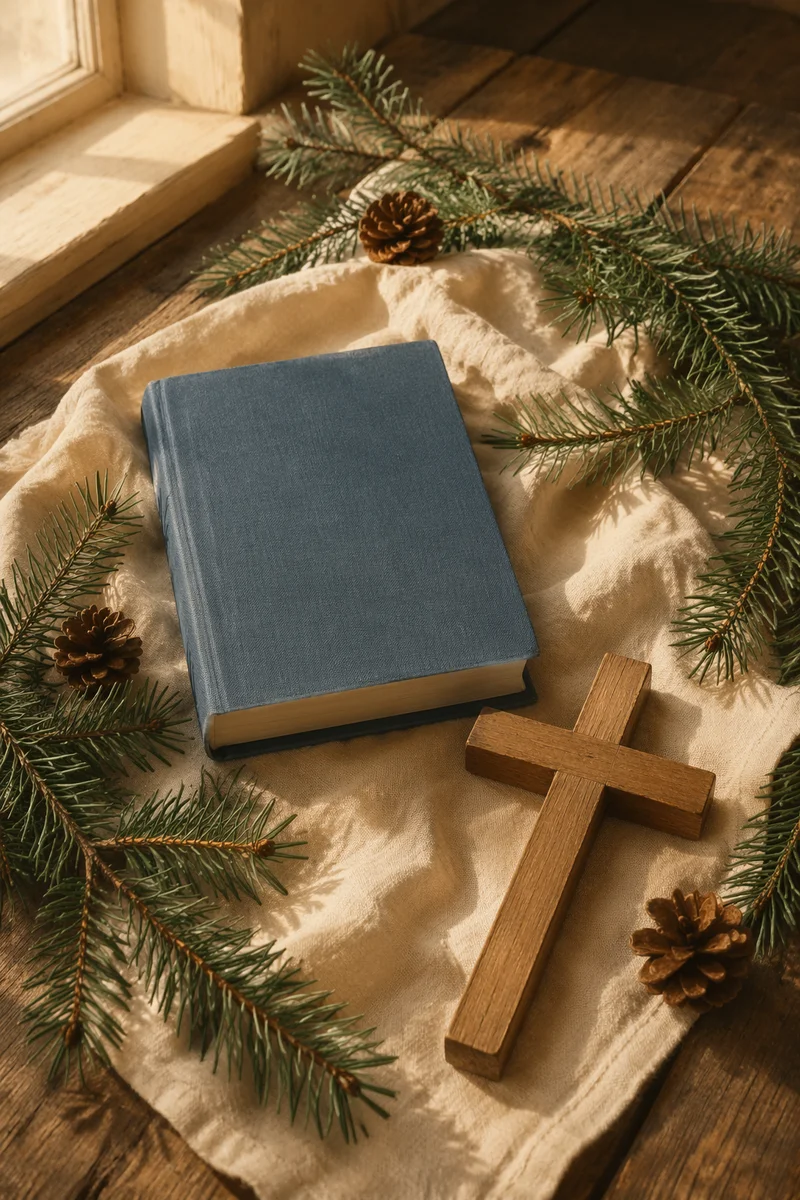 Bible and Wooden Cross on Evergreen Linen