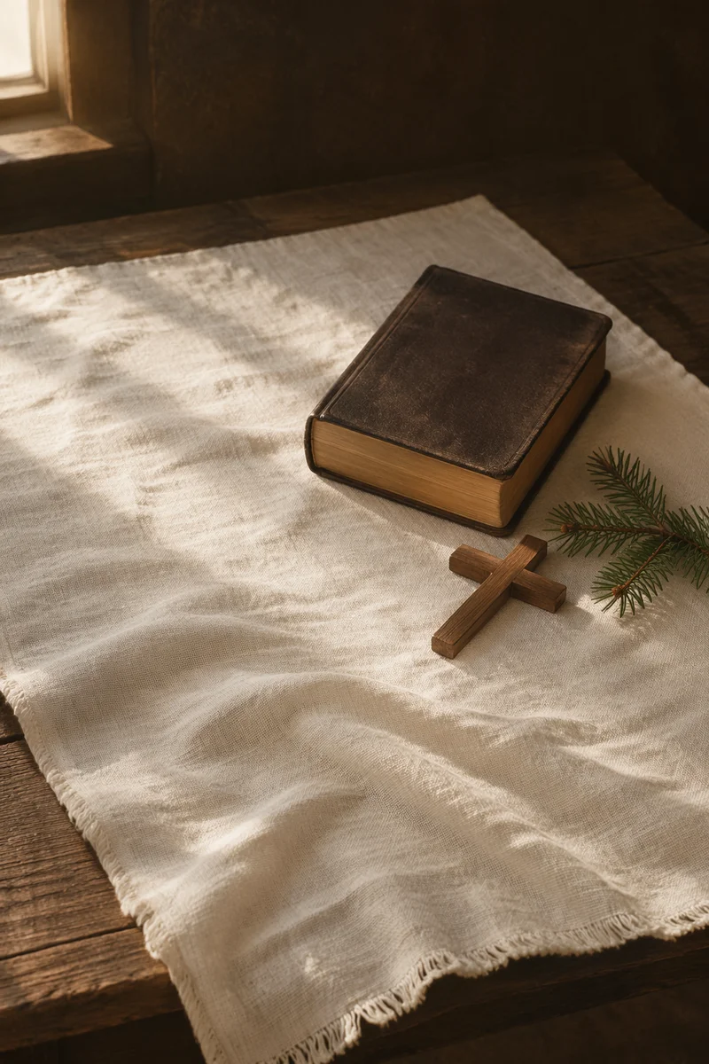 Bible and Cross on White Linen
