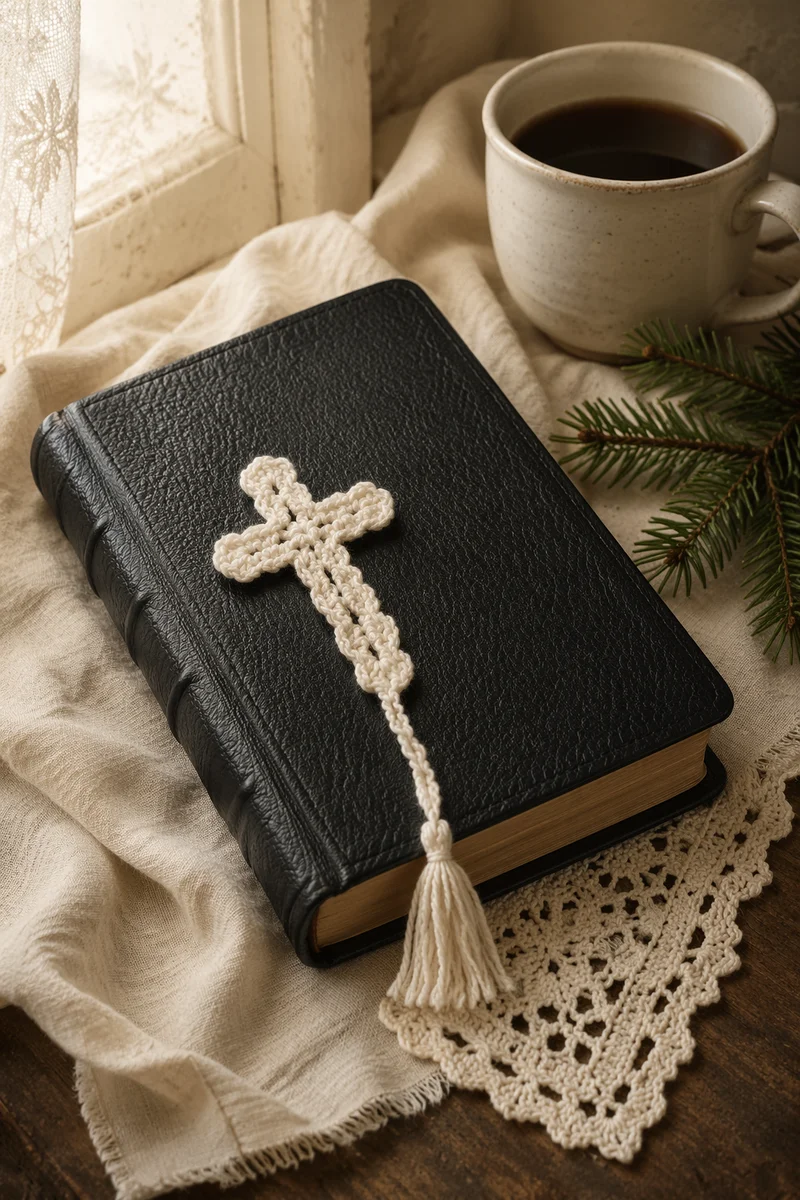 Bible and Crocheted Cross on Linen