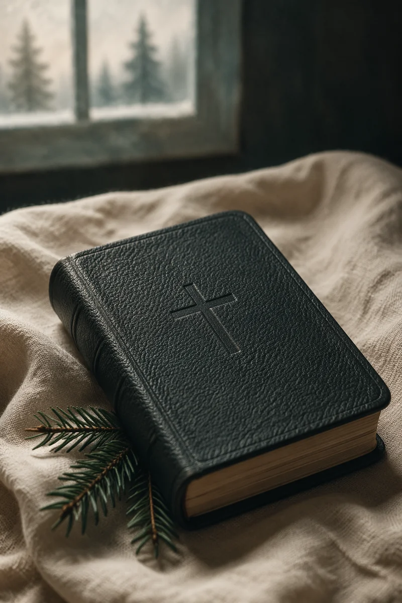 Bible with Cross on Linen and Evergreen