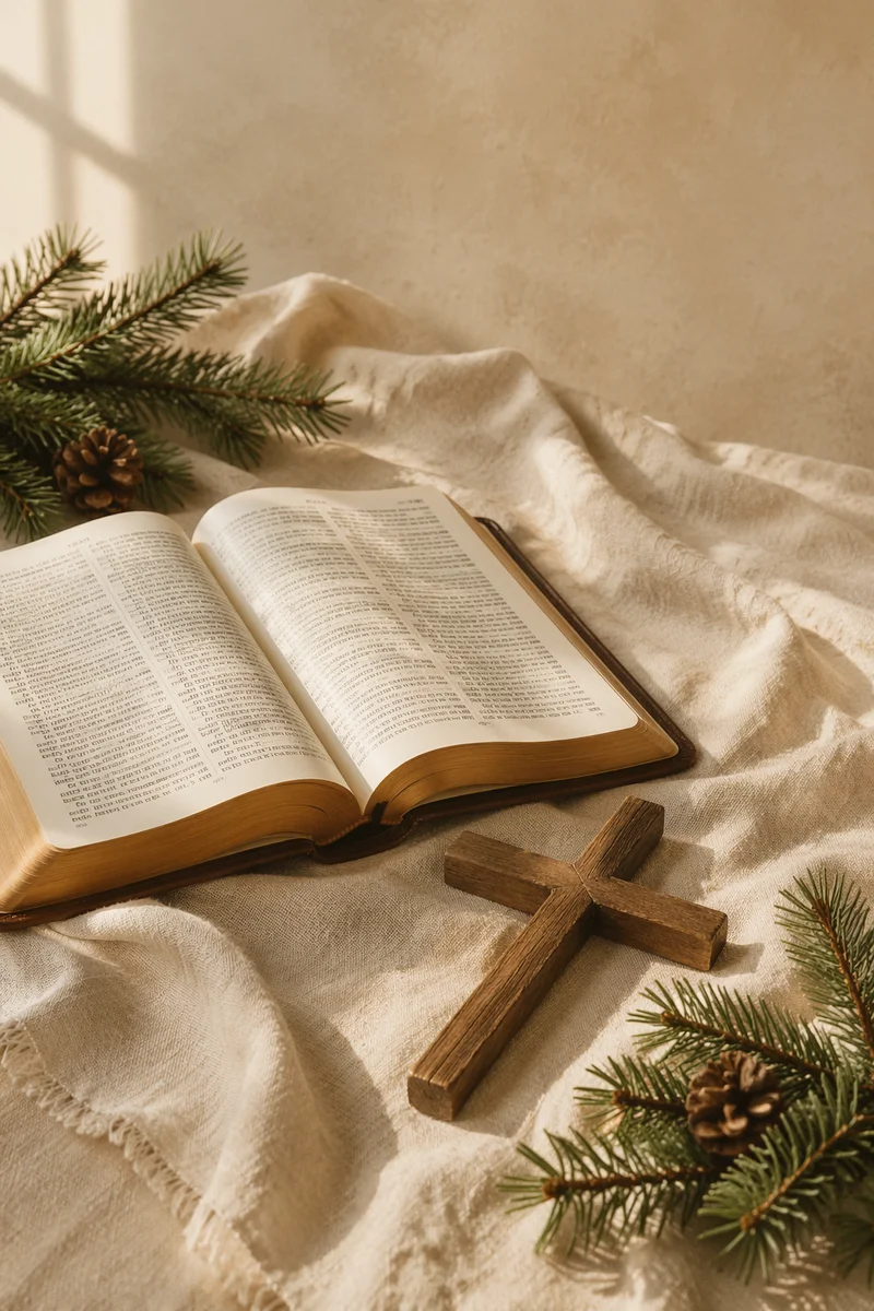 Open Bible and Cross on Linen