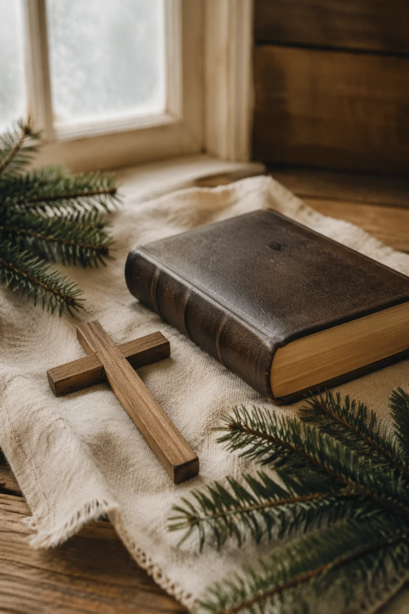 Bible and Wooden Cross on Linen