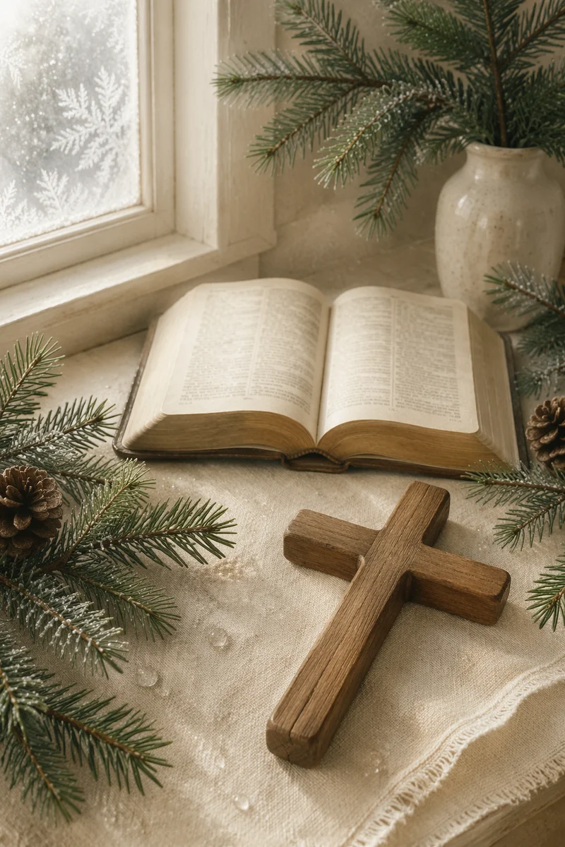 Bible and Cross on Winter Linen