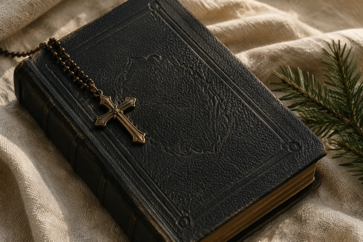 Bible and Bronze Cross on Linen