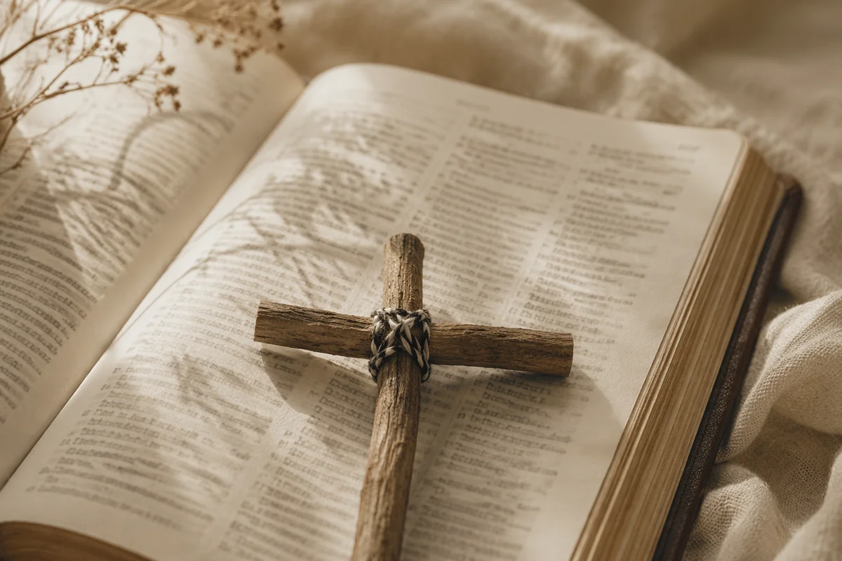 Handmade Twig Cross on Open Scripture