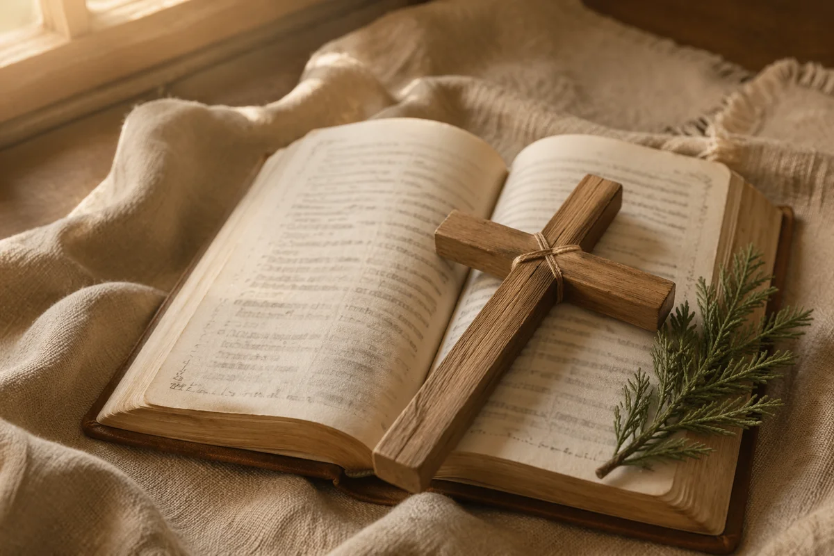 Open Bible with Wooden Cross and Evergreen