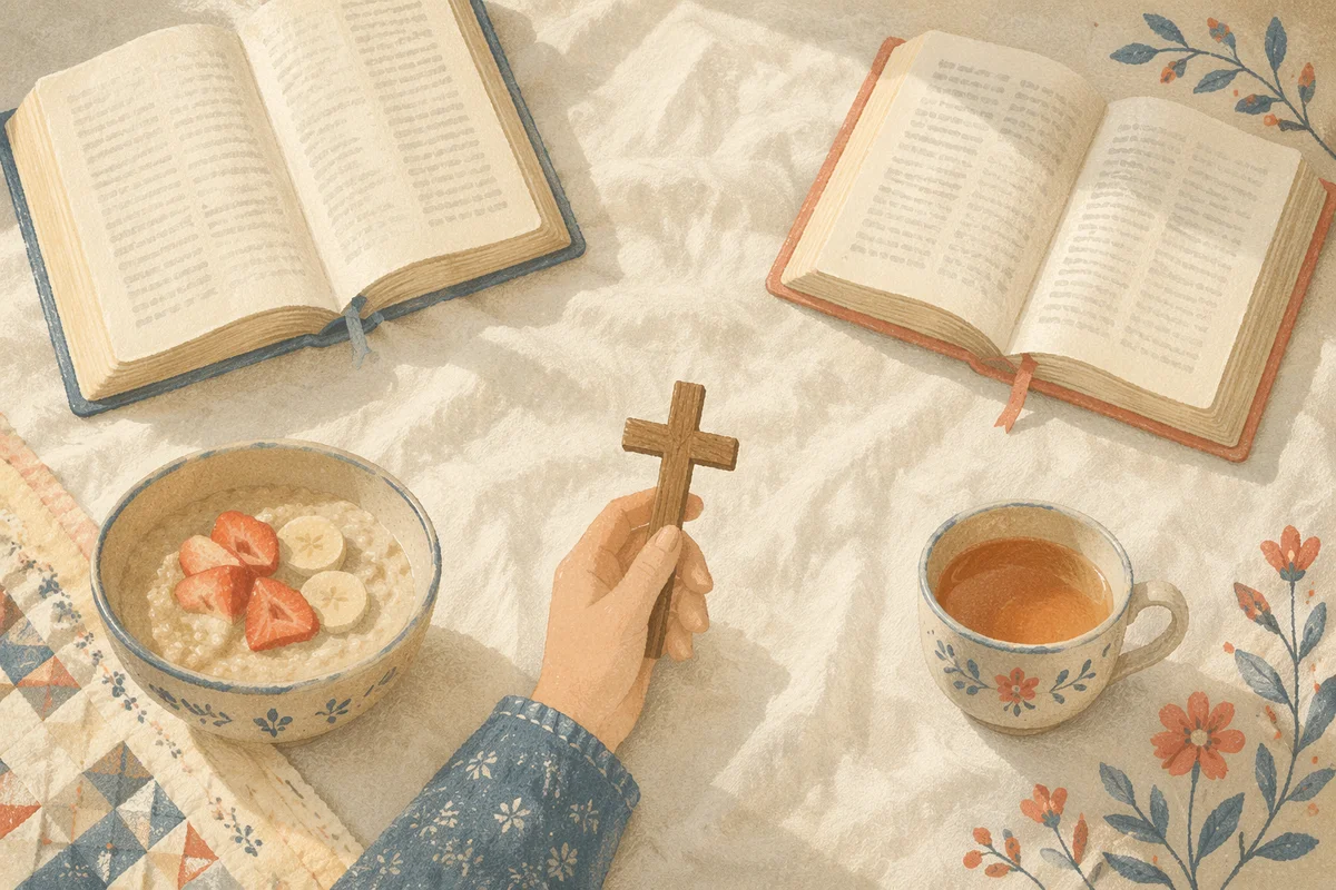 Bible and Wooden Cross on Linen