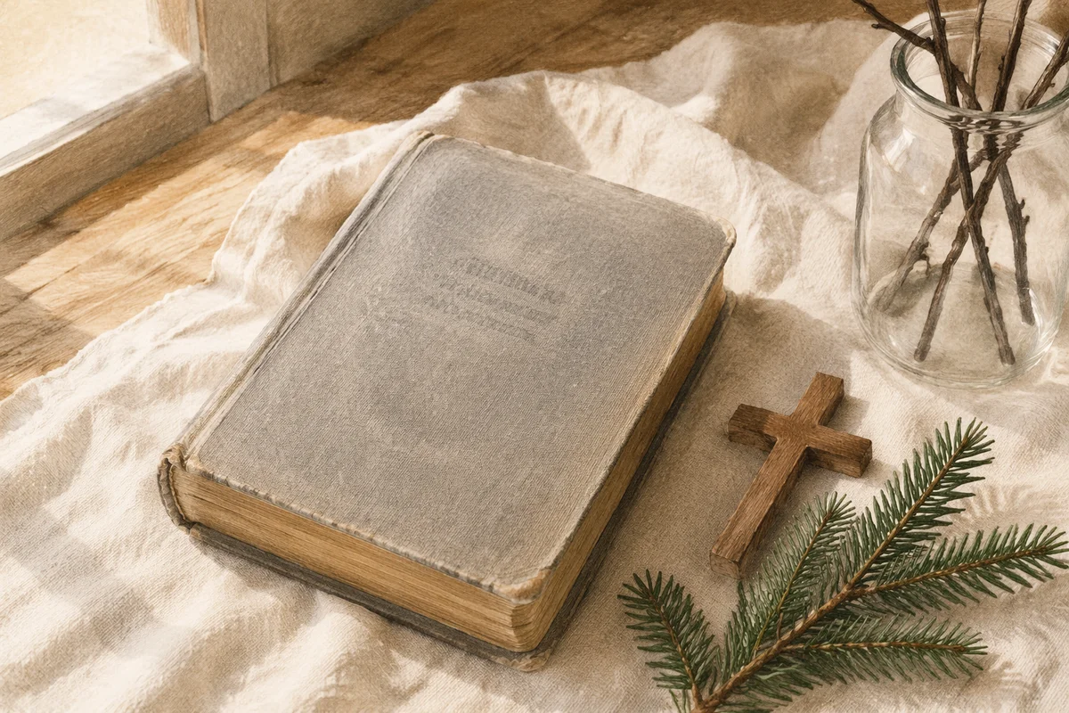 Bible and Wooden Cross on Linen