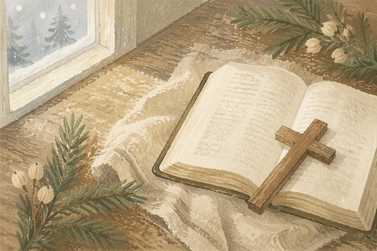 Open Bible and Wooden Cross on Linen
