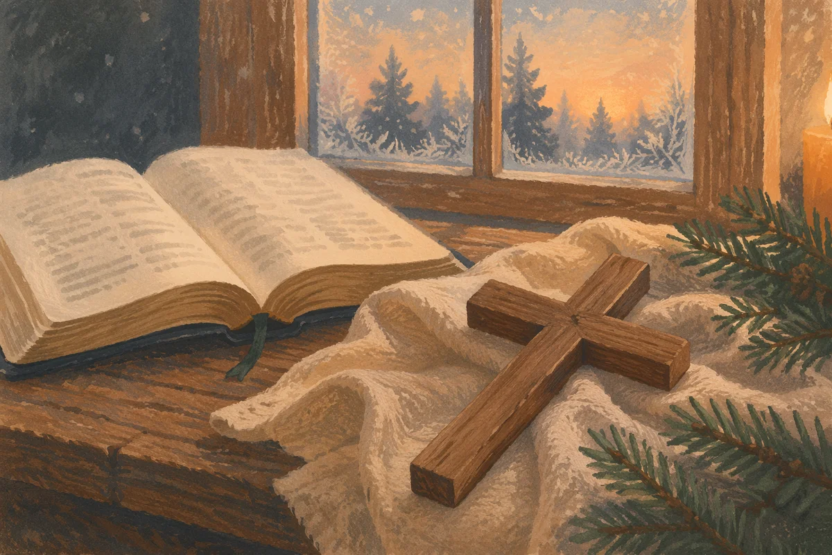 Wooden Cross Beside Open Bible on Linen