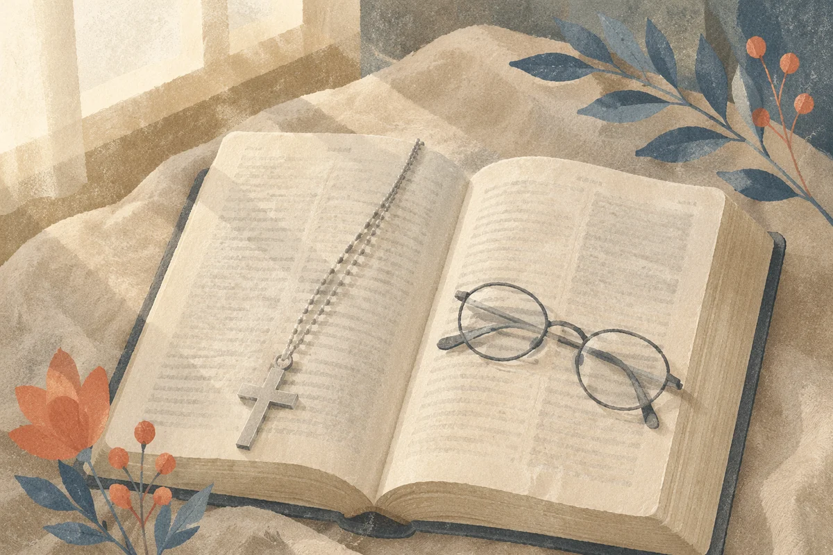 Open Bible with Silver Cross on Linen