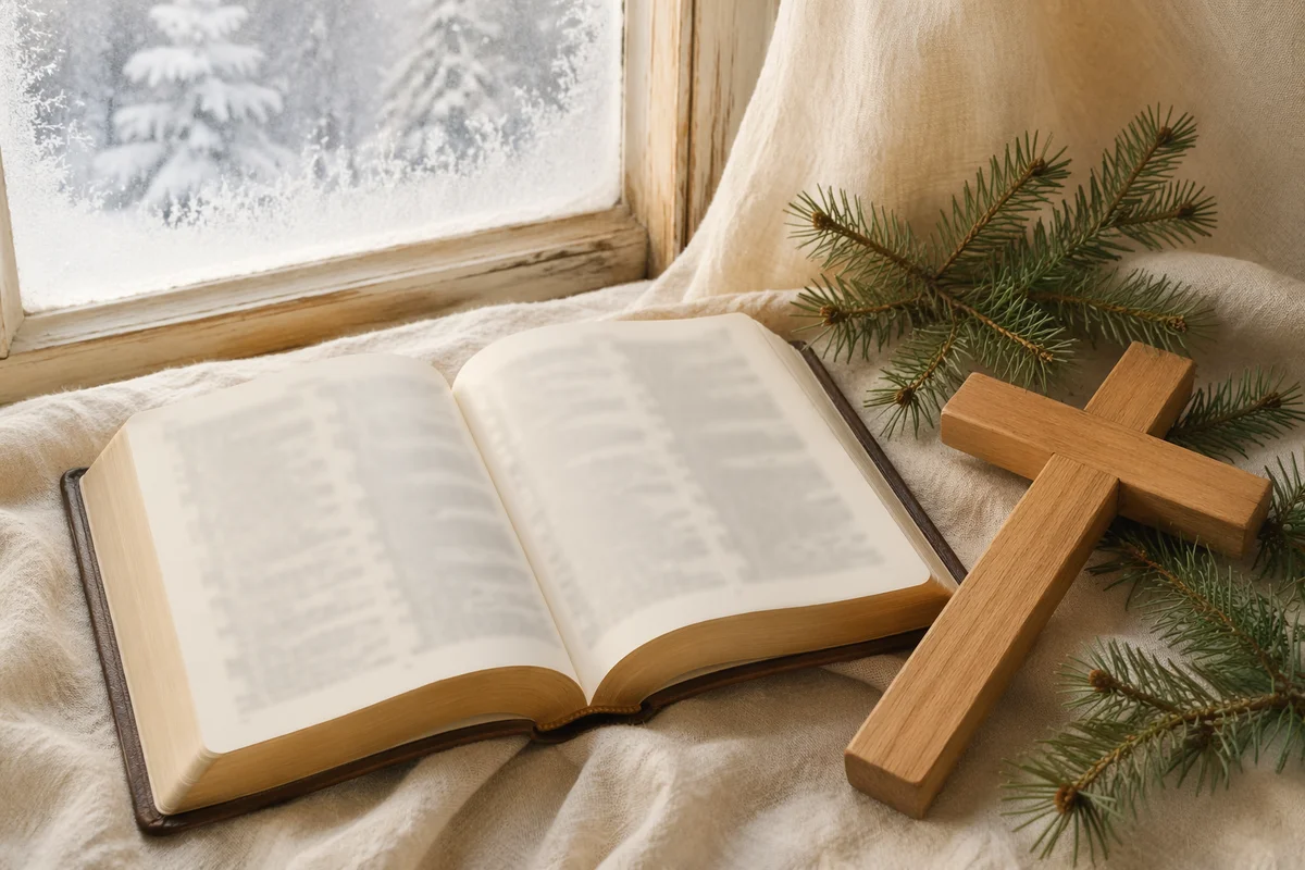 Bible and Wooden Cross with Evergreen