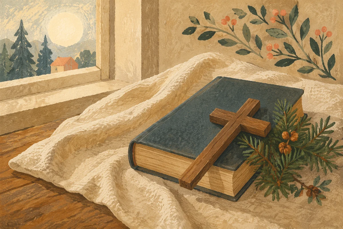 Bible and Wooden Cross on Linen