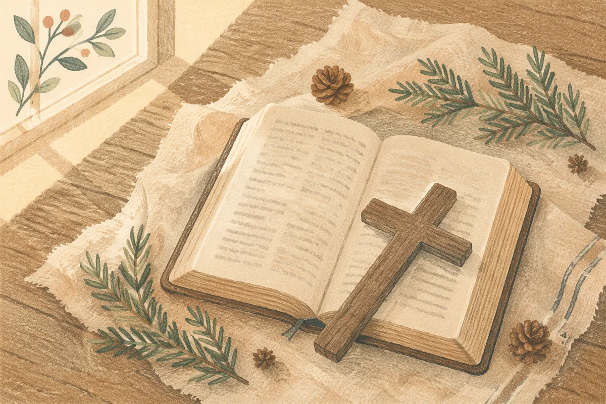 Bible and Wooden Cross on Linen