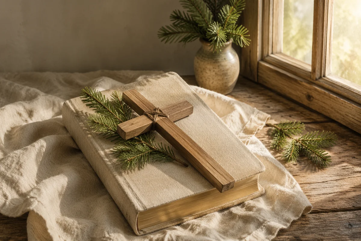 Bible and Wooden Cross on Linen