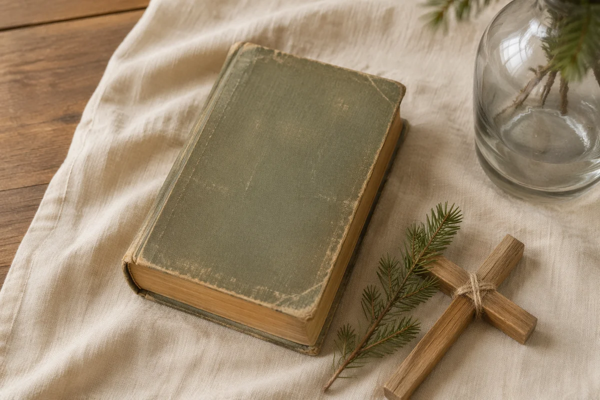 Bible and Wooden Cross on Linen