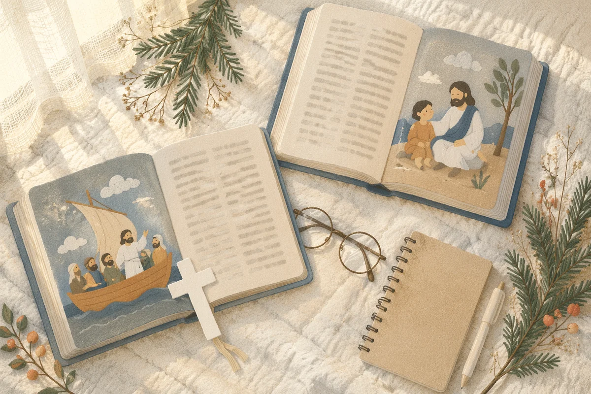 Open Bible and Cross on Linen