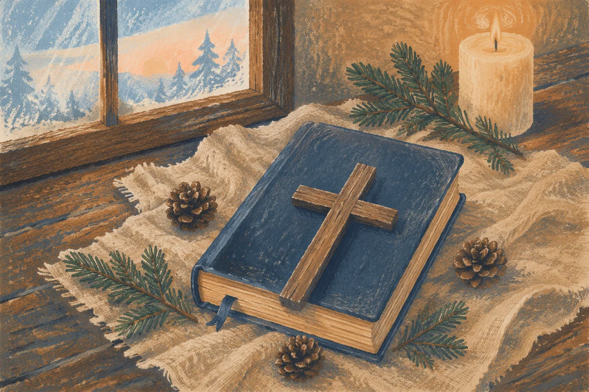 Bible and Wooden Cross on Winter Linen