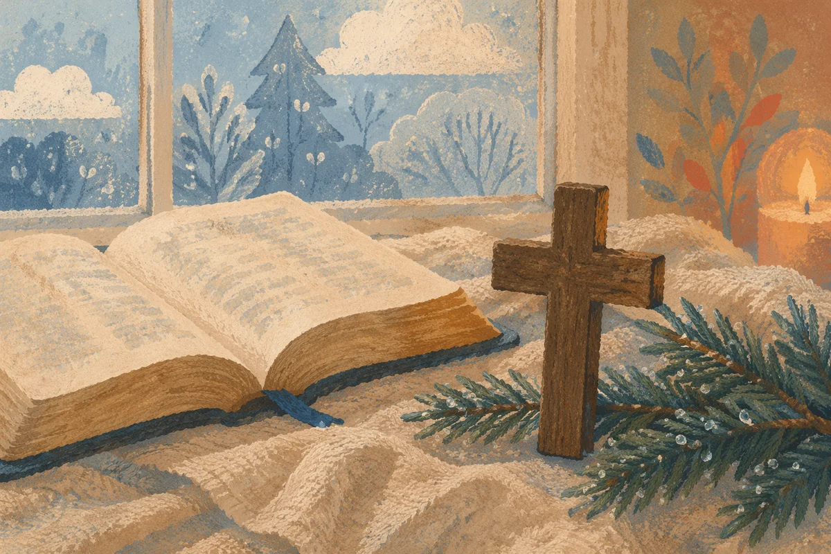 Open Bible and Wooden Cross on Linen