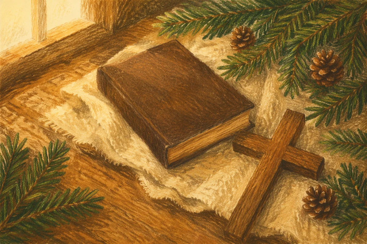 Bible and Wooden Cross on Linen