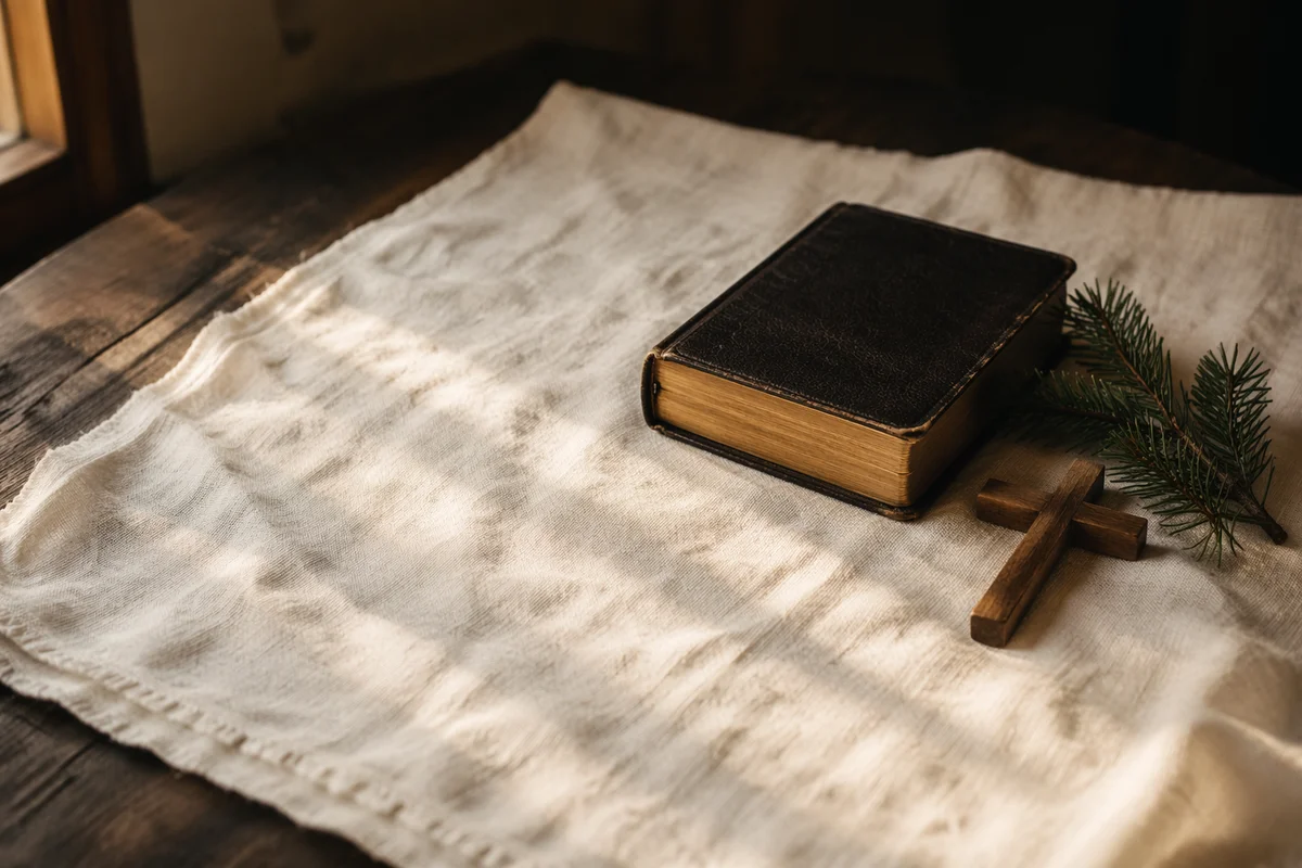 Bible and Wooden Cross on Linen