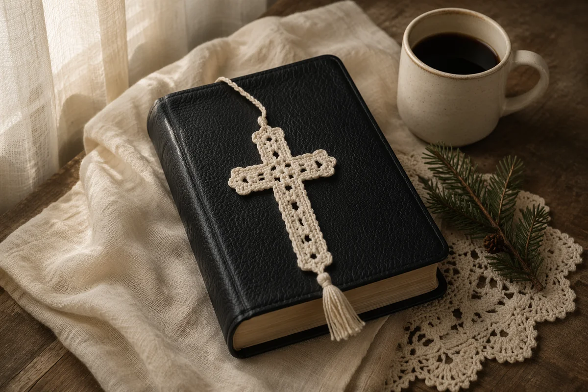 Bible and Crocheted Cross on Linen