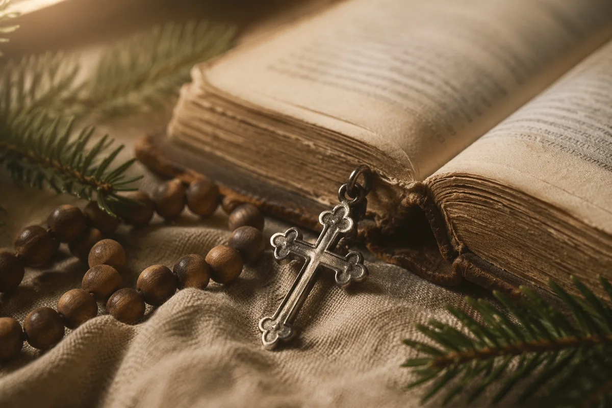 Bible and Antique Cross on Linen