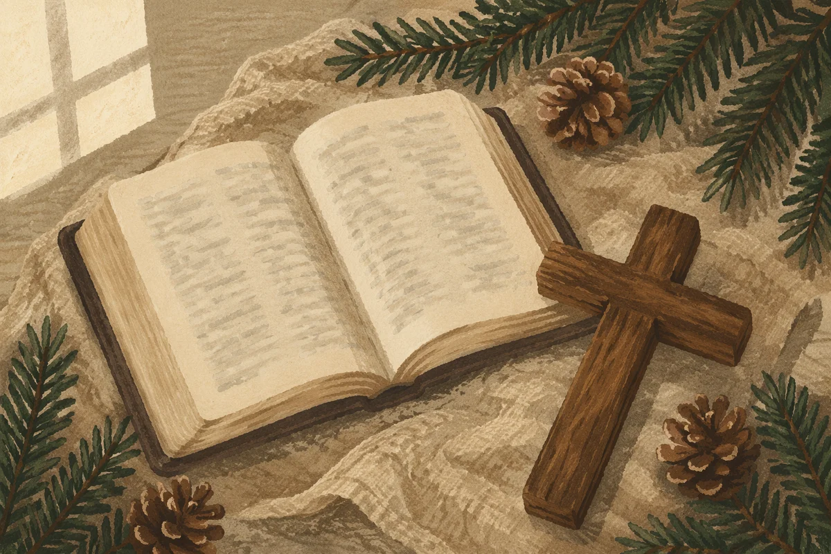 Open Bible and Wooden Cross on Linen