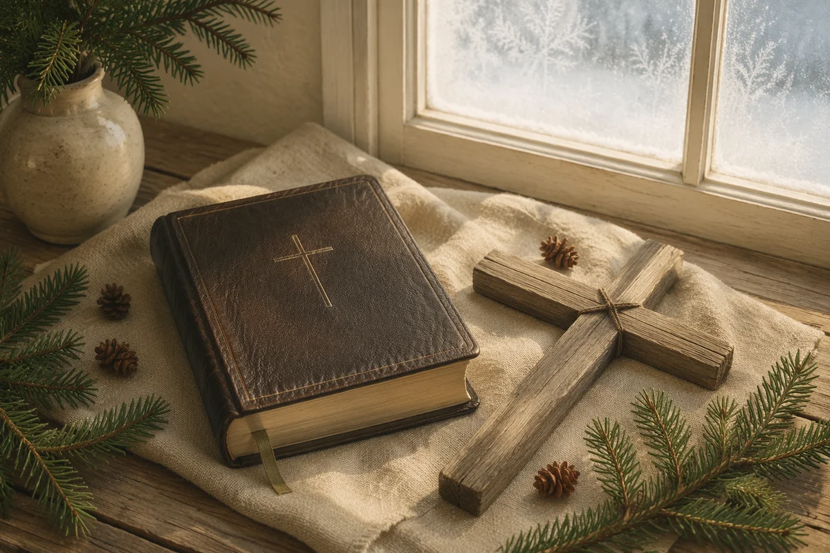 Bible and Wooden Cross on Linen