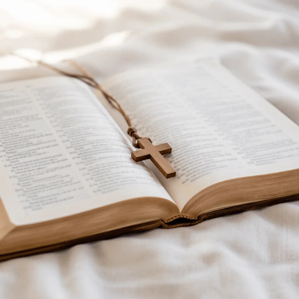 Open Bible with Wooden Cross on Linen