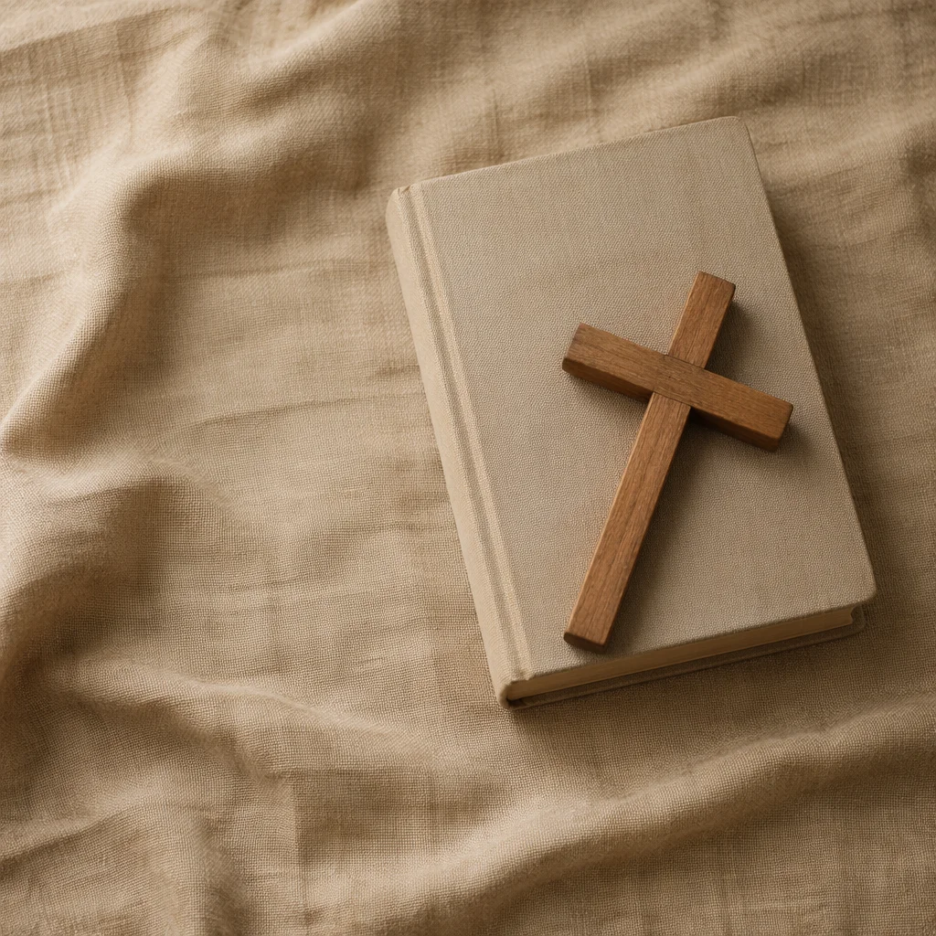 Bible and Wooden Cross on Linen