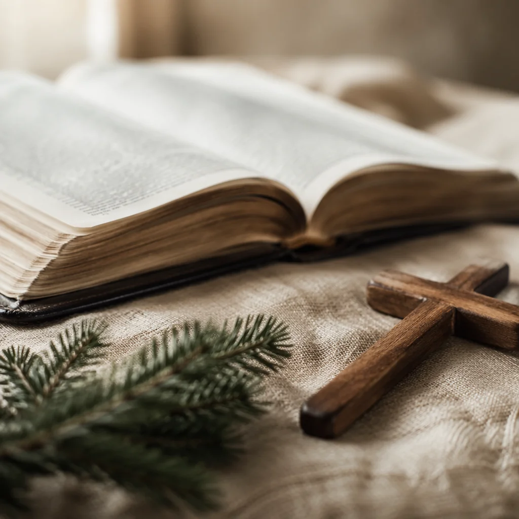 Bible and Wooden Cross on Linen