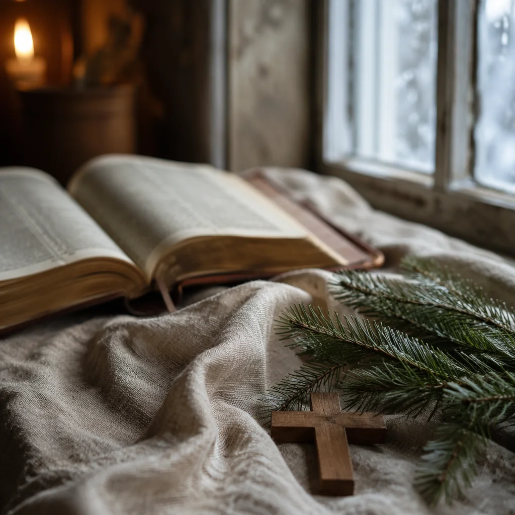 Open Bible and Wooden Cross on Linen