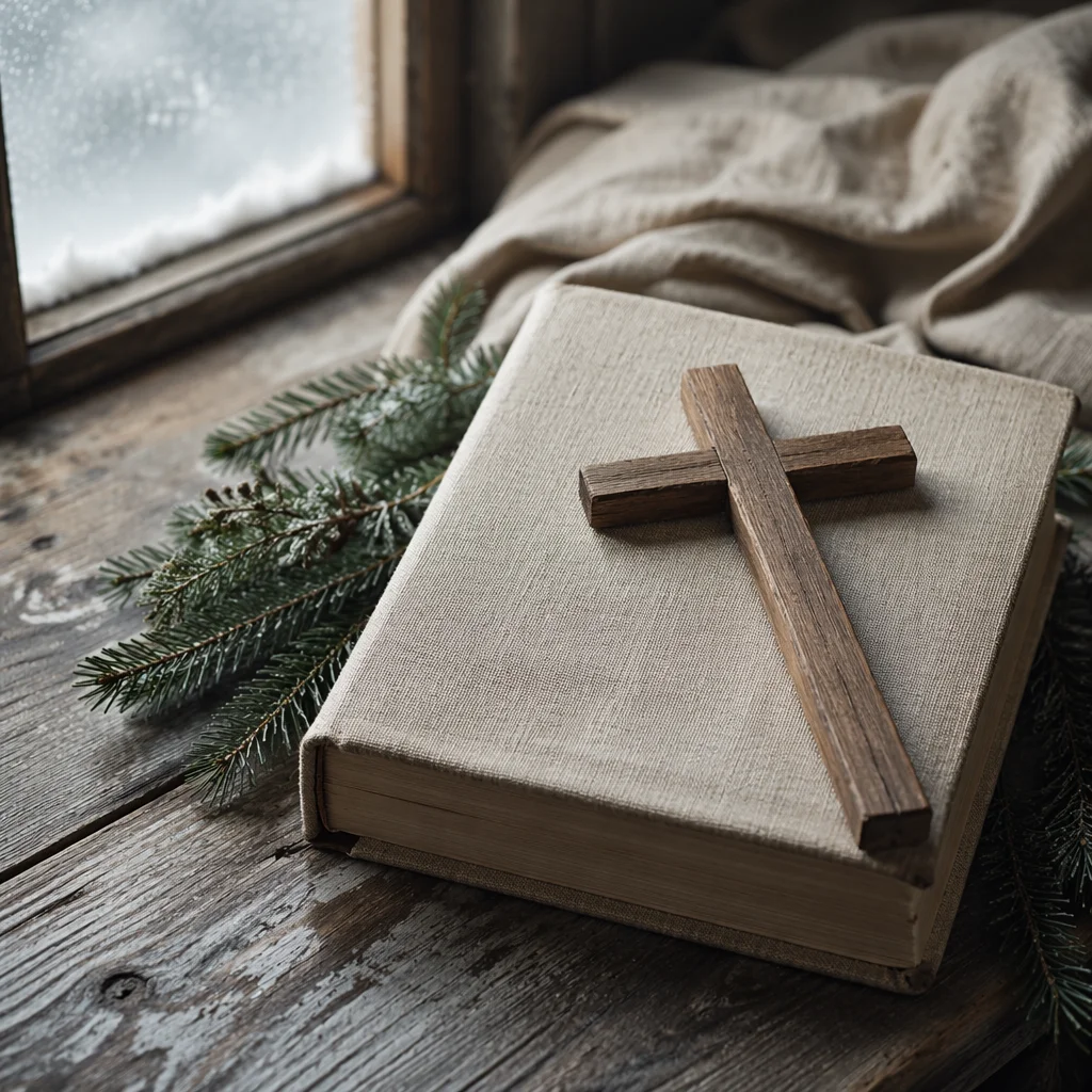 Wooden Cross and Bible on Linen