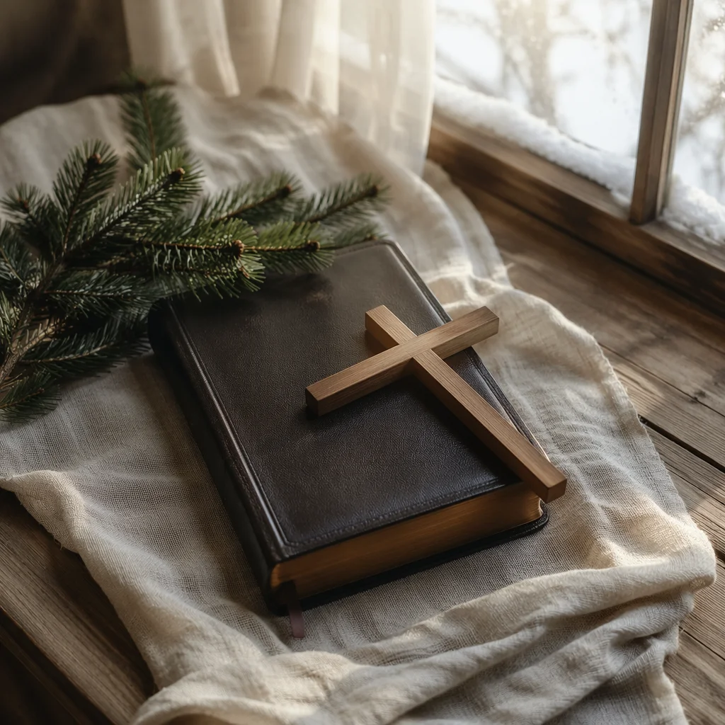 Bible and Wooden Cross on Linen