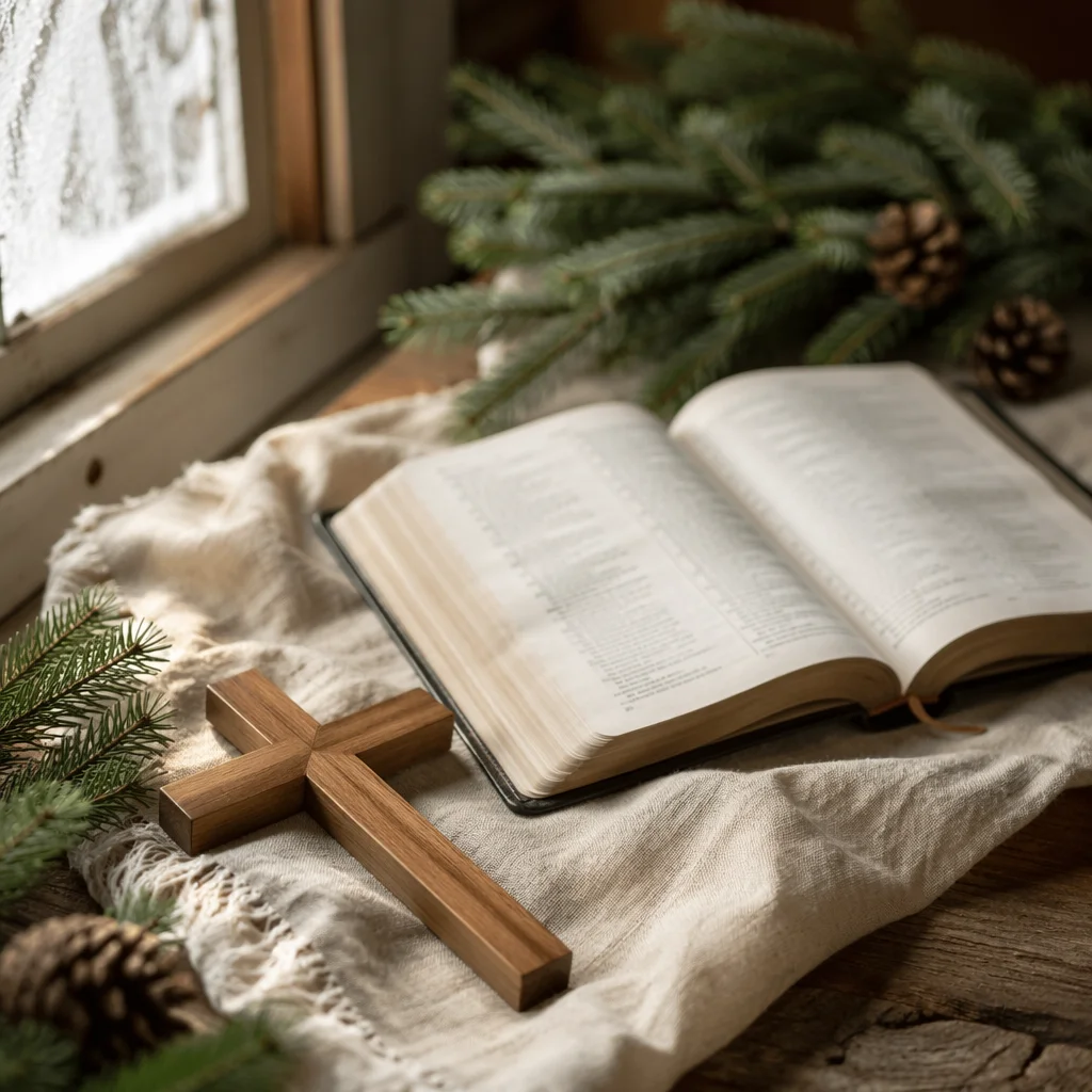 Open Bible and Wooden Cross on Linen