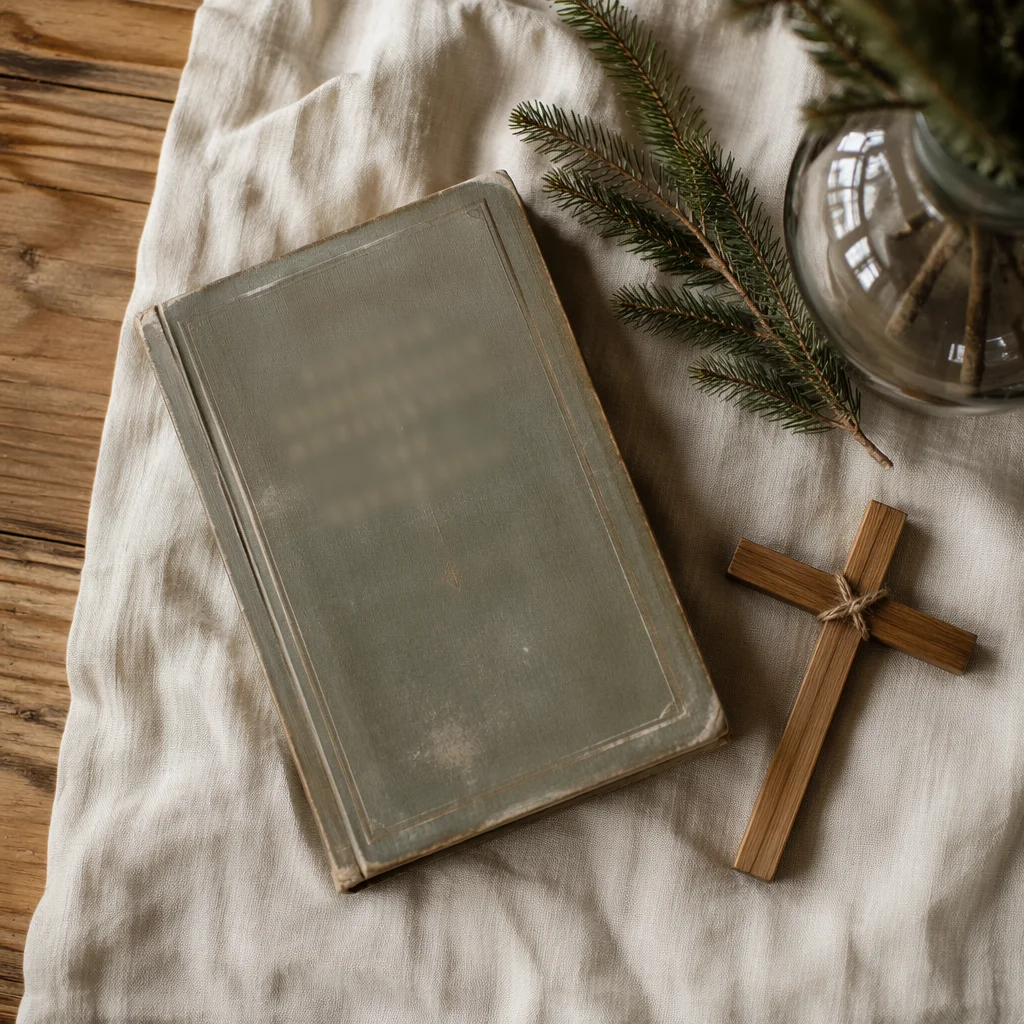 Bible and Wooden Cross on Linen
