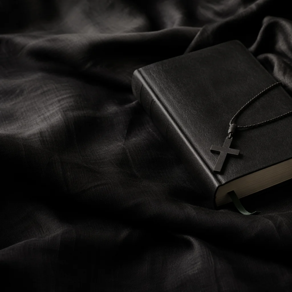 Black Bible and Cross on Linen