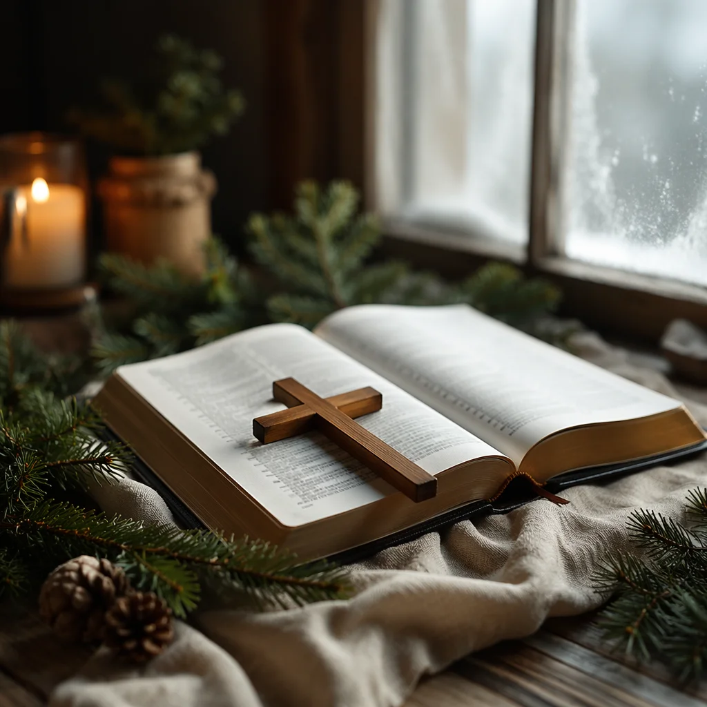 Open Bible and Wooden Cross on Linen