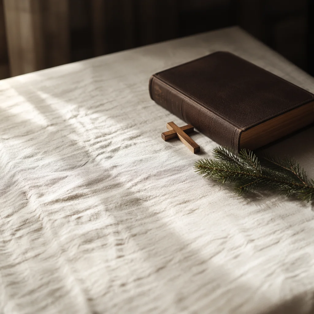 Bible Cross and Evergreen on Linen