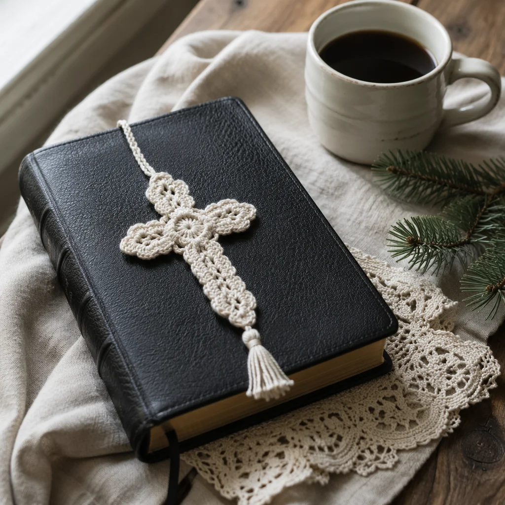 Bible with Crocheted Cross on Linen