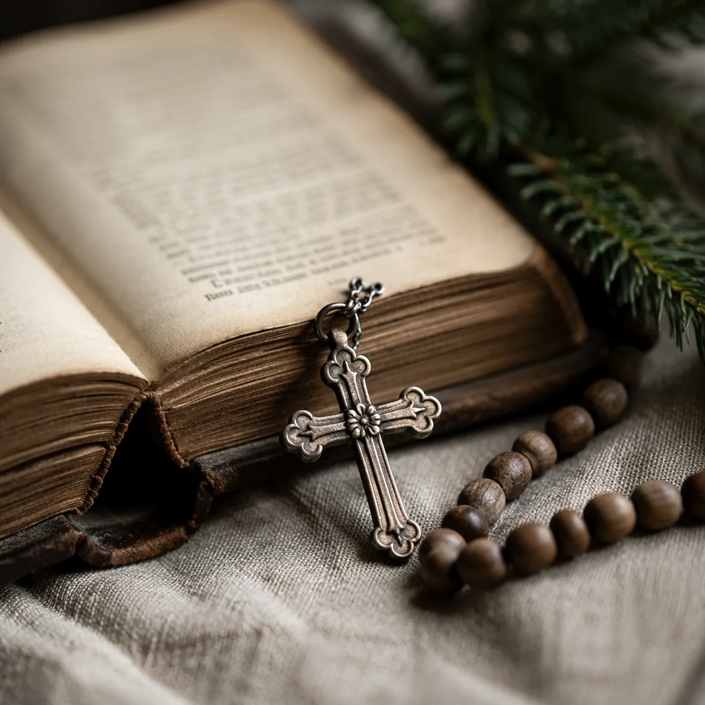 Bible and Cross on Linen Cloth