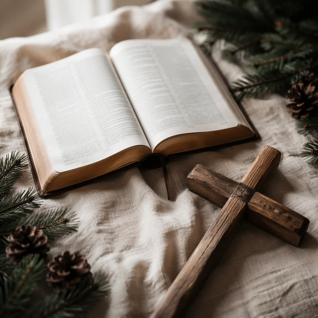 Open Bible and Wooden Cross on Linen
